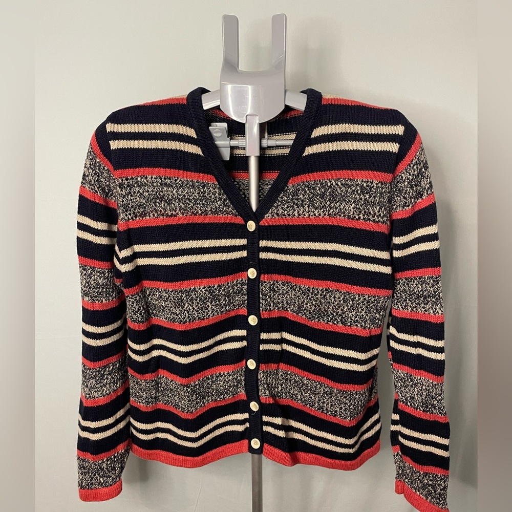 Christopher & Banks‎ Cardigan Women Medium Blue Red Striped V-Neck Knit Sweater
